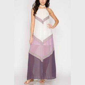Purple Chevron Color Block Maxi Dress